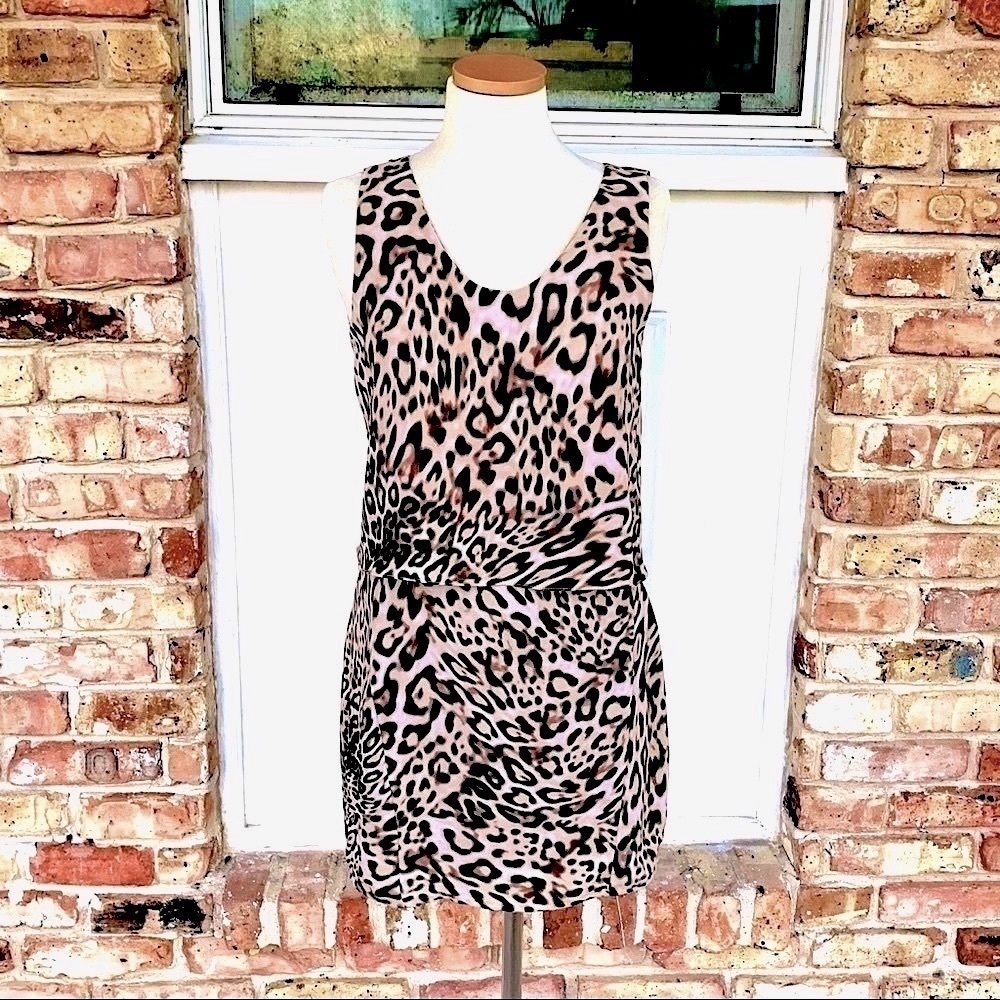 Anthropologie leopard print draped bow back sleeveless chiffon dress Sz Small